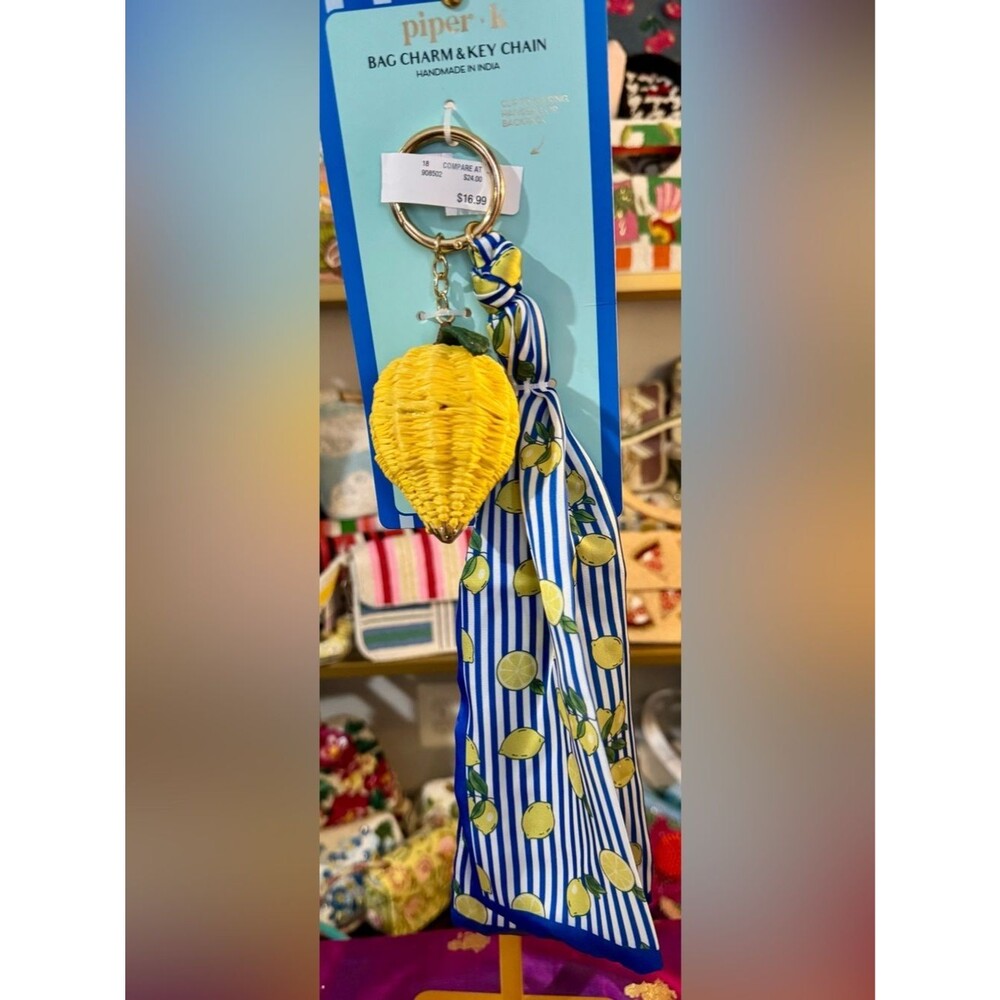 NWT Piper K Lemon Bag Charm Key Chain Blue White Striped Scarf Twilly